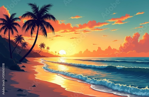 Tropical palm beach illustration at golden sunset. Summer holiday paradise background. Sea shore, sand, sun reflects in water. Exotic island coast view. Generative AI cartoon landscape.
