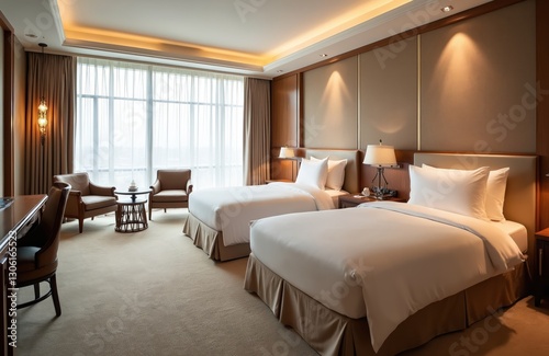 Luxury hotel room interior with two single beds, large window, carpeted floor. Beige walls, brown sofa chairs, modern lighting fixtures. Elegant design, comfortable bedding, contemporary suite, clean