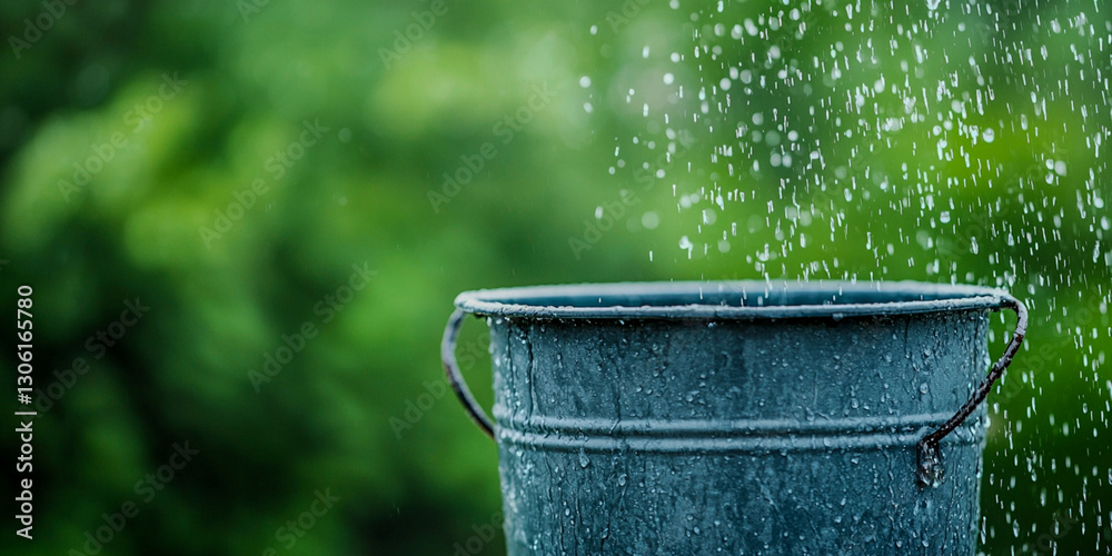Fototapeta premium A rain-filled bucket surrounded by lush greenery, capturing the essence of nature and refreshing rainfall.