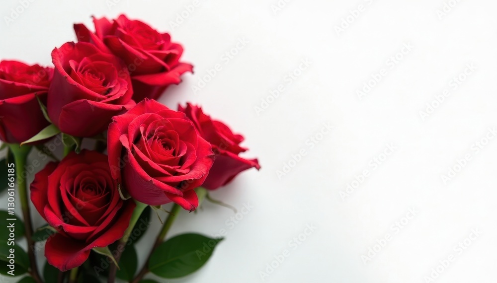 Aerial view of vibrant red rose bunch, pristine white backdrop , romantic, leaves Aerial view of vibrant red rose bunch, pristine white backdrop , romantic, leaves