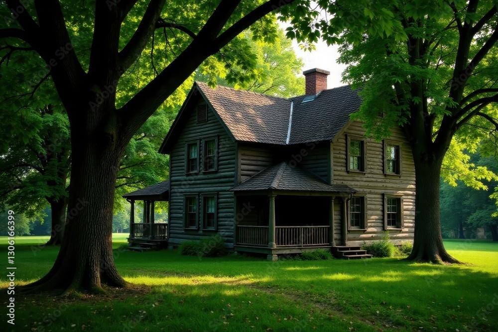Ancient wooden house embraced by towering oaks , house, forest Ancient wooden house embraced by towering oaks , house, forest