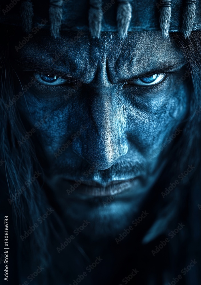 The central figure in the image is a man wearing blue and red face paint along with a feather headdress, which gives him a tribal appearance The central figure in the image is a man wearing blue and red face paint along with a feather headdress, which gives him a tribal appearance