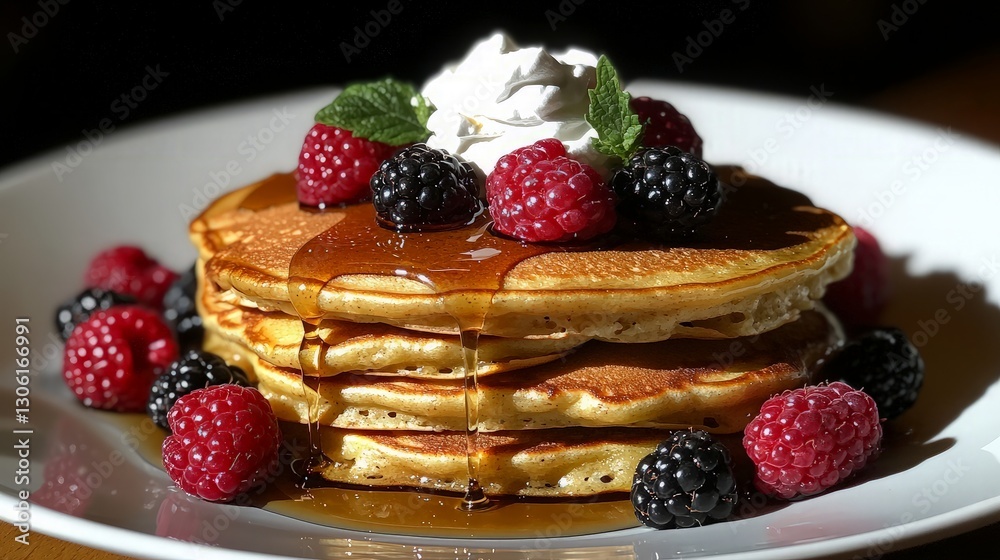 Stacked Pancakes, Berries, Syrup, Plate Stacked Pancakes, Berries, Syrup, Plate