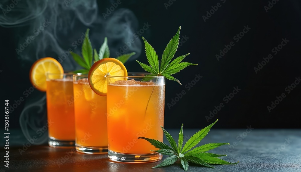 Fototapeta premium Three cannabis cocktails with orange slices, weed leaves and smoke. Refreshing summer tropical drinks with marijuana, natural plant. Ganja mix in glass for recreational use, alternative medicine.