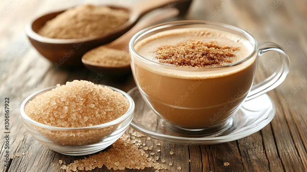 A transparent cup of cappuccino and a bowl of brown sugar A transparent cup of cappuccino and a bowl of brown sugar