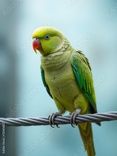 An antipodes parakeet balancing precariously on the thin steel cable , steel cable, aerial view, thrill photo