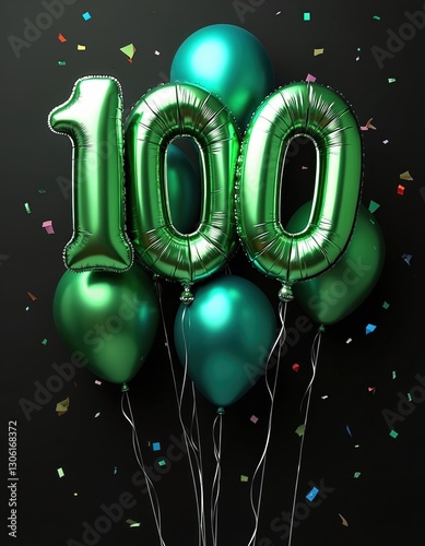 Green metallic balloons with number 100 on black background with falling confetti. Celebrating hundredth birthday anniversary. Decorative elements for party. Holiday illustration. Congratulation