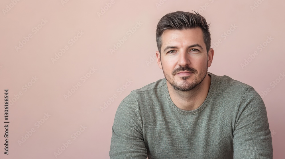 Confident Young Man Posing Against a Soft Pink Background in Casual Attire Confident Young Man Posing Against a Soft Pink Background in Casual Attire