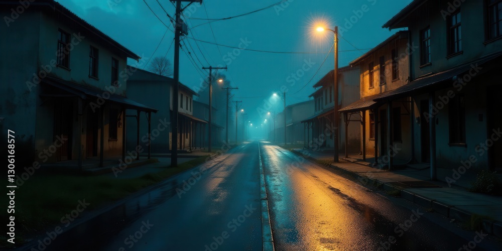 Obraz premium A Deserted Street at Night, Bathed in the Golden Glow of Streetlights During a Gentle Rain