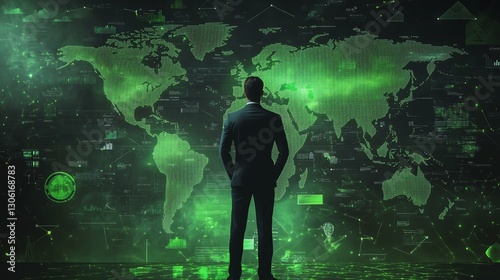 green business strategy A businessman analyzes global data on a digital map, emphasizing technology and innovation in modern enterprises.
