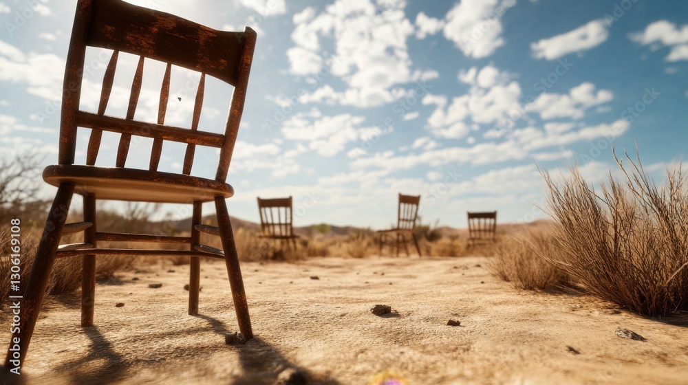 Desolate Landscape with Wooden Chairs Under a Bright Sky Desolate Landscape with Wooden Chairs Under a Bright Sky