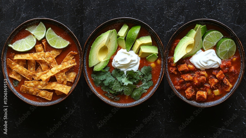 Three bowls of soup with toppings on dark background Three bowls of soup with toppings on dark background