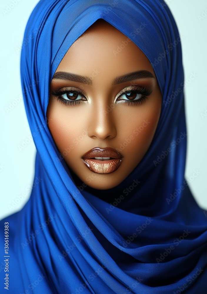 Naklejka premium A woman wearing a blue, glittery scarf that covers her face