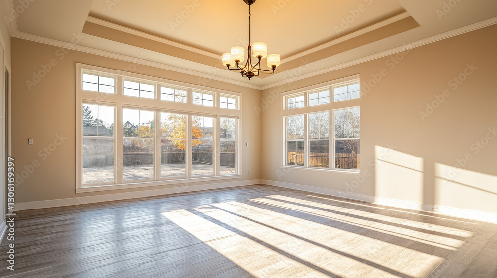Bright sunny room with large windows illuminating space, creating warm atmosphere Bright sunny room with large windows illuminating space, creating warm atmosphere