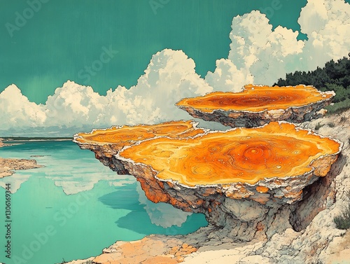 Vibrant orange rock formations dramatically jut from turquoise water under a bright summer sky. AI Generated
