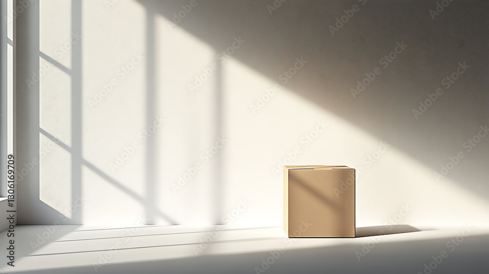 Fototapeta premium Box on floor with sunlight shadows minimalist interior still life modern space simple composition serenity