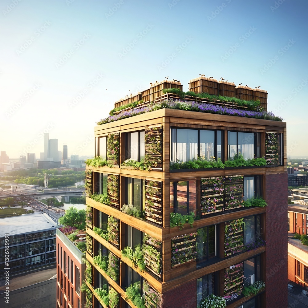 Fototapeta premium Eco Friendly High Rise with Rooftop Garden and Renewable Energy Features in Futuristic City Skyline