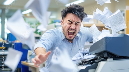 Frustrated Man Experiencing Paper Jam in Office Copy Machine