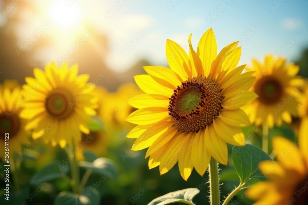 Fototapeta premium Golden sunflowers bask in bright sunlight, vibrant petals gleaming , sunlight, summer, landscape