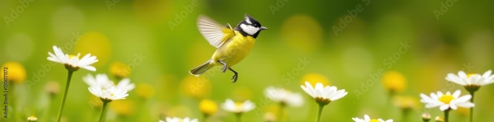 Naklejka premium Golden-yellow titmouse in flight, wings outstretched, above field of daisies , wildflower, countryside