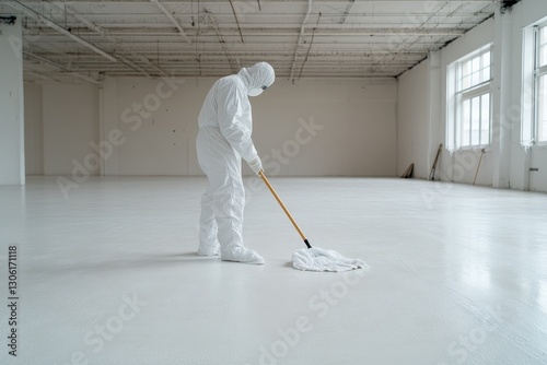 Man in white suit sweeping with broom inside a room cleanliness and style in interior environment