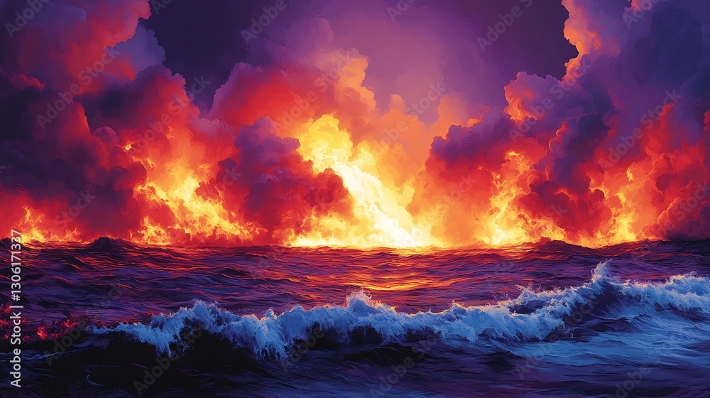 Fiery lava dramatically flows into dark ocean waves under a vibrant crimson sky. AI Generated