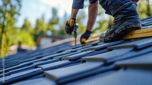 Wallpaper Mural roofer installing tiles on sloped roof, showcasing craftsmanship and focus Torontodigital.ca