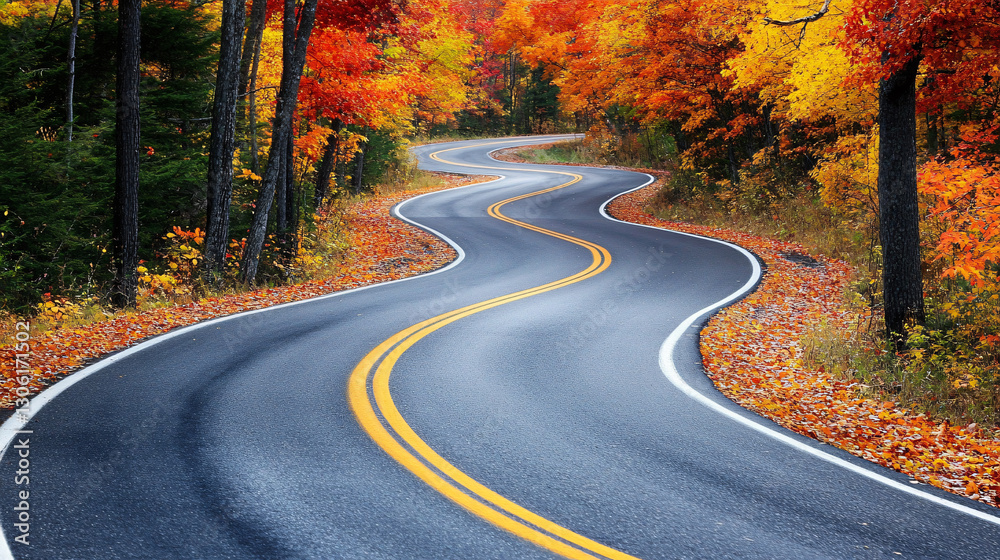 Naklejka premium A winding road surrounded by vibrant autumn foliage, showcasing beautiful orange and yellow leaves under a clear sky.