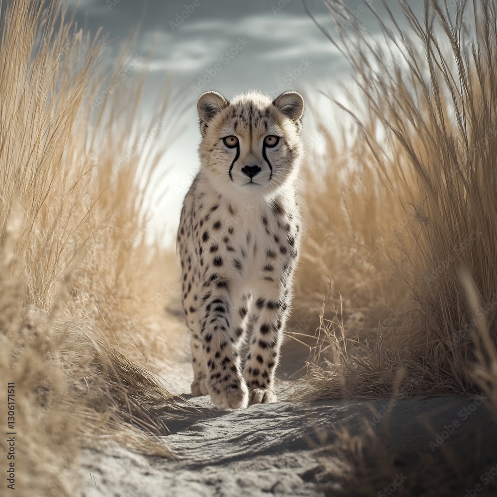 Obraz premium Cheetah Stalking in the Savannah Grasslands with Keen Eyes and Powerful Stance