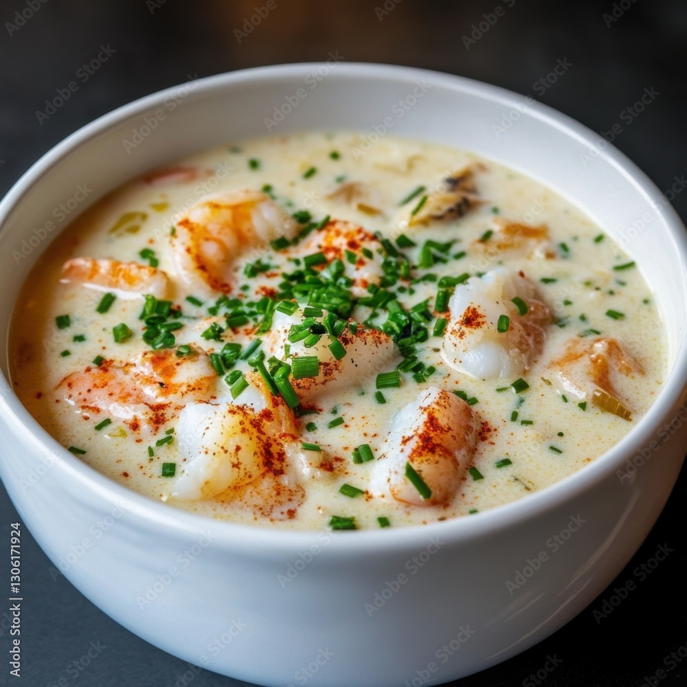 A rich and creamy seafood chowder with chunks of fish and shrimp, served in a white ceramic bowl, Chowder centered with a sprinkle of fresh chives A rich and creamy seafood chowder with chunks of fish and shrimp, served in a white ceramic bowl, Chowder centered with a sprinkle of fresh chives