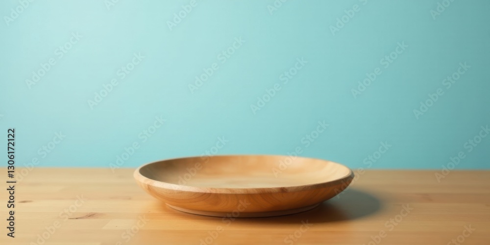 Empty Wooden Bowl on Light Wood Surface Against a Pale Aqua Background Empty Wooden Bowl on Light Wood Surface Against a Pale Aqua Background