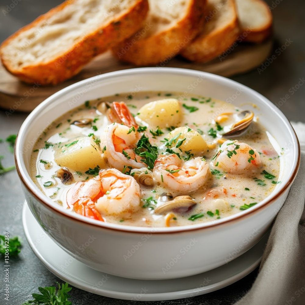 A rich and creamy seafood chowder with tender shrimp, clams, and potatoes A rich and creamy seafood chowder with tender shrimp, clams, and potatoes