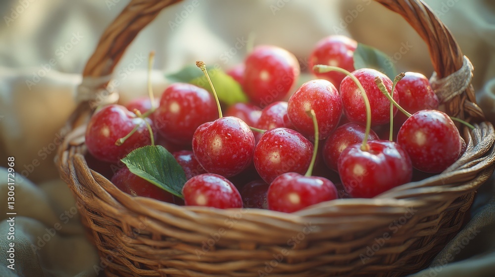 Cherry Basket Delight: A wicker basket brimming with ripe, luscious cherries, showcasing their vibrant red color and inviting freshness. Cherry Basket Delight: A wicker basket brimming with ripe, luscious cherries, showcasing their vibrant red color and inviting freshness.