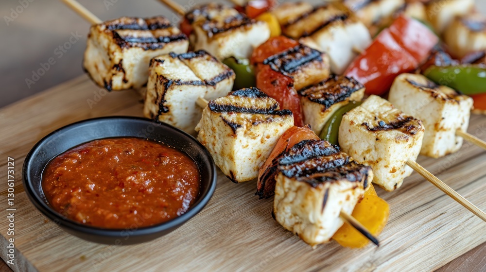 Grilled paneer and pepper skewers with dipping sauce on wood board Grilled paneer and pepper skewers with dipping sauce on wood board