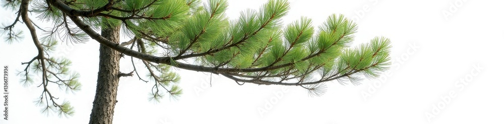 Fototapeta premium Majestic pine, thin trunk, lush green canopy, white backdrop , scenic, branches, nature