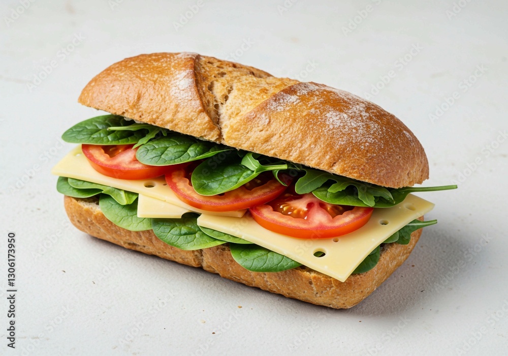 The image features a ciabatta sandwich with spinach, cheese, and tomato, presented with clean food styling and an overhead view highlighting the ciabatta bread texture The image features a ciabatta sandwich with spinach, cheese, and tomato, presented with clean food styling and an overhead view highlighting the ciabatta bread texture