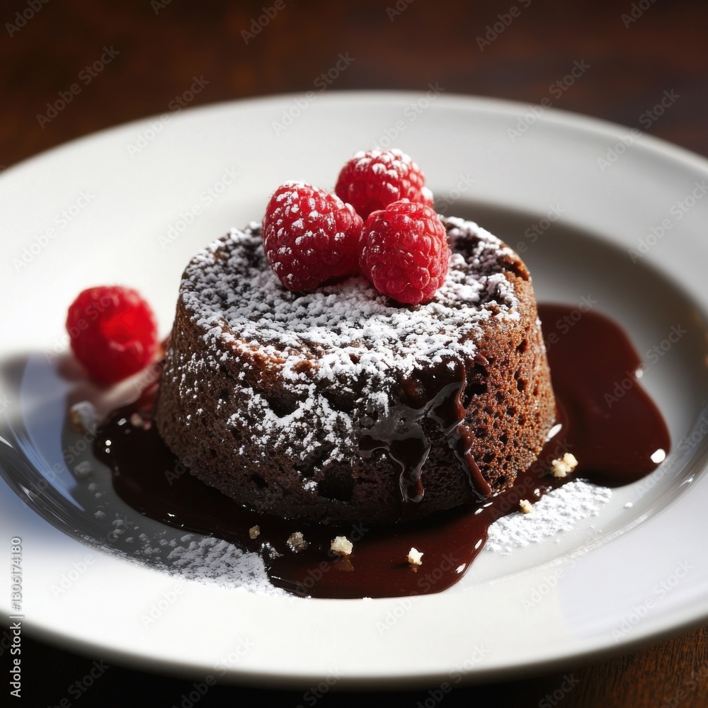 A rich and decadent molten chocolate lava cake with a gooey center, served with a scoop of vanilla ice cream and a drizzle of chocolate sauce, on a white dessert plate A rich and decadent molten chocolate lava cake with a gooey center, served with a scoop of vanilla ice cream and a drizzle of chocolate sauce, on a white dessert plate