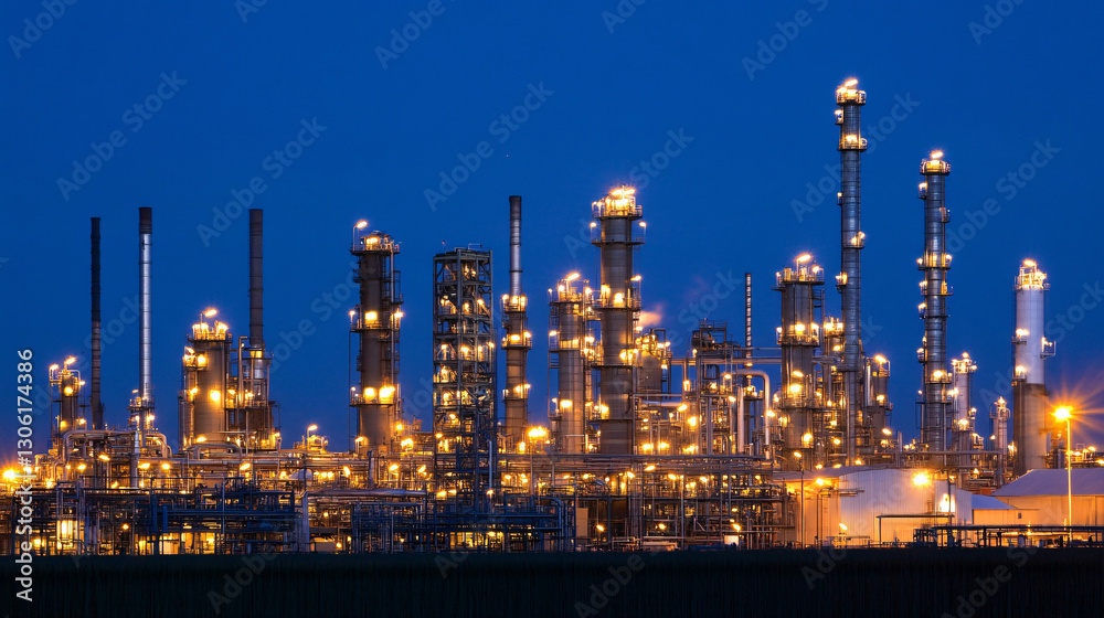 Fototapeta premium A brightly lit industrial facility at night, showcasing numerous towers and equipment against a dark blue sky.