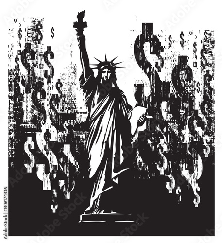 Vector banner or card with famous American Statue of Liberty on dollar signs background. Decorative illustration of USA landmark in grunge style in dark tone