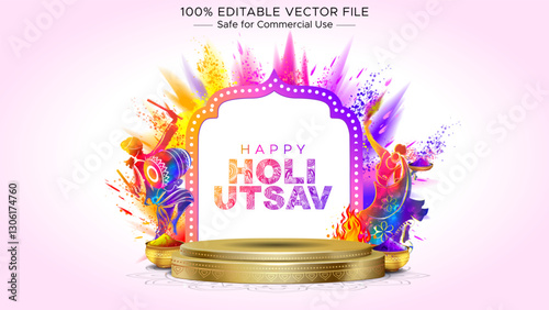 Happy Holi Color festival of India celebration background with product display podium.