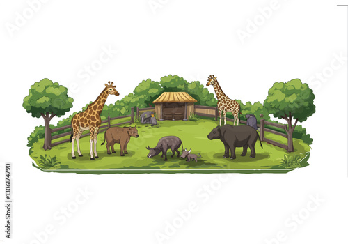 Animals at the zoo clipart. This image shows various animals in a zoo enclosure with trees and a shelter. Vector illustration design.