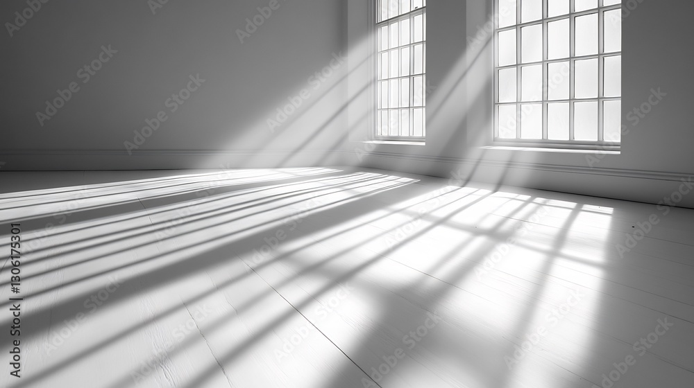 Obraz premium Dramatic light streams through windows illuminating a minimalist room. AI Generated