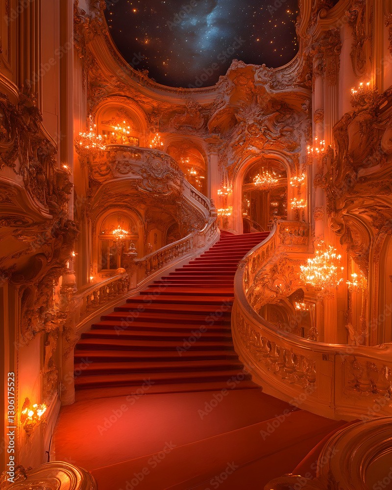 Obraz premium A breathtaking view of an ornate staircase, bathed in soft light with luxurious red carpet