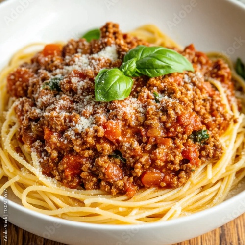 A rich and hearty bolognese sauce with ground beef and tomatoes, served over a bed of spaghetti in a white bowl, Bolognese sauce centered