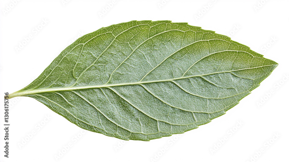 Obraz premium A single green leaf with a smooth surface and prominent veins, showcasing its natural texture and characteristics against a white background.