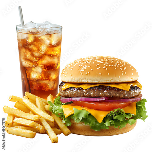 Hamburger and french fries menu meal combo cola drink fast food isolated on a white background.PNG