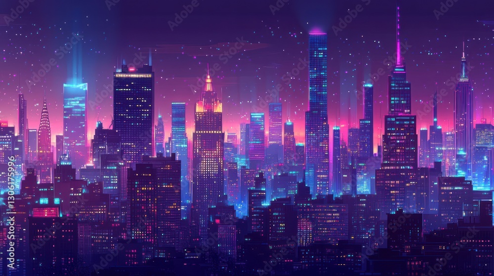 Fototapeta premium Neon Cityscape Night Skyline, Starry, Futuristic, Illustration, Background