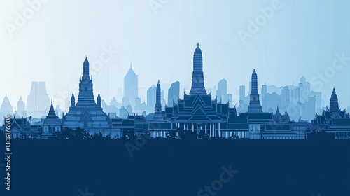 A serene blue skyline featuring iconic pagodas and modern buildings, blending tradition and contemporary architecture.