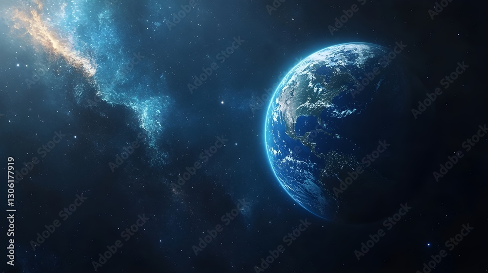 Obraz premium Earth from space, with a view of the planet's surface, clouds, and surrounding stars and nebulae, highlighting the beauty and vastness of the cosmos.