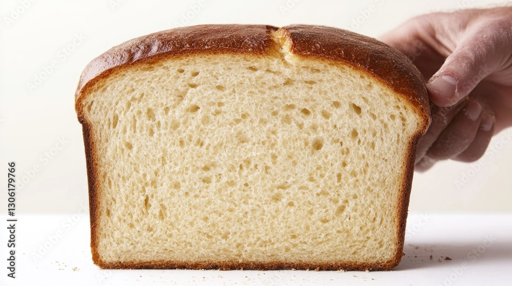 Hand lifts loaf, sliced white bread, kitchen, bakery, food photography Hand lifts loaf, sliced white bread, kitchen, bakery, food photography